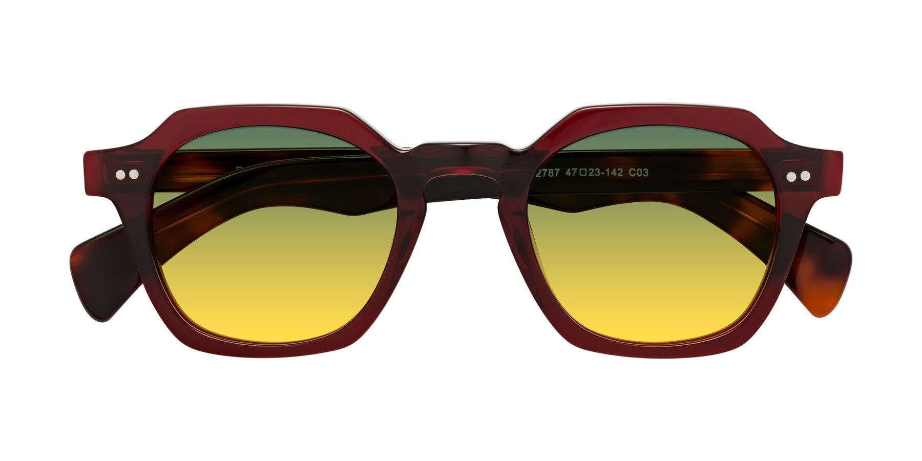 Folded Front of Beckett in Wine/Tortoise with Green / Yellow Gradient Lenses