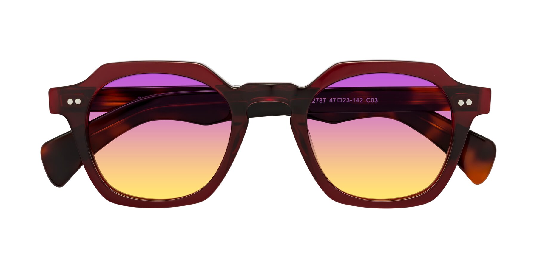 Folded Front of Beckett in Wine/Tortoise with Purple / Yellow Gradient Lenses
