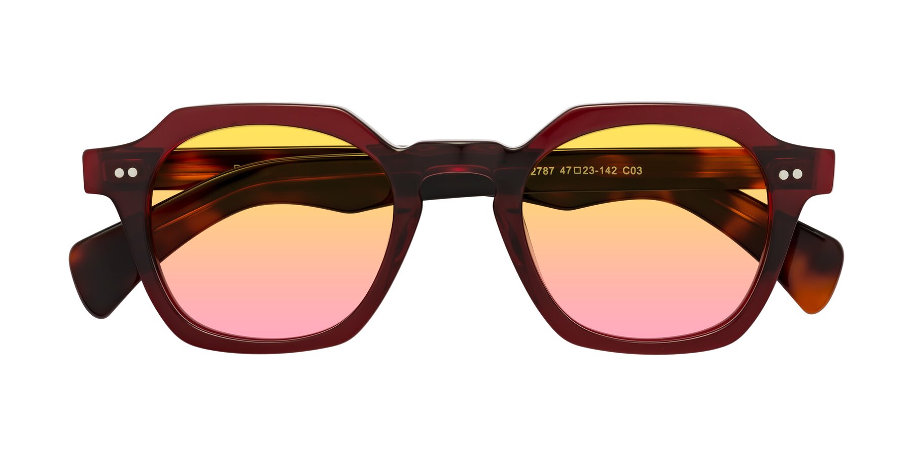 Folded Front of Beckett in Wine/Tortoise with Yellow / Pink Gradient Lenses