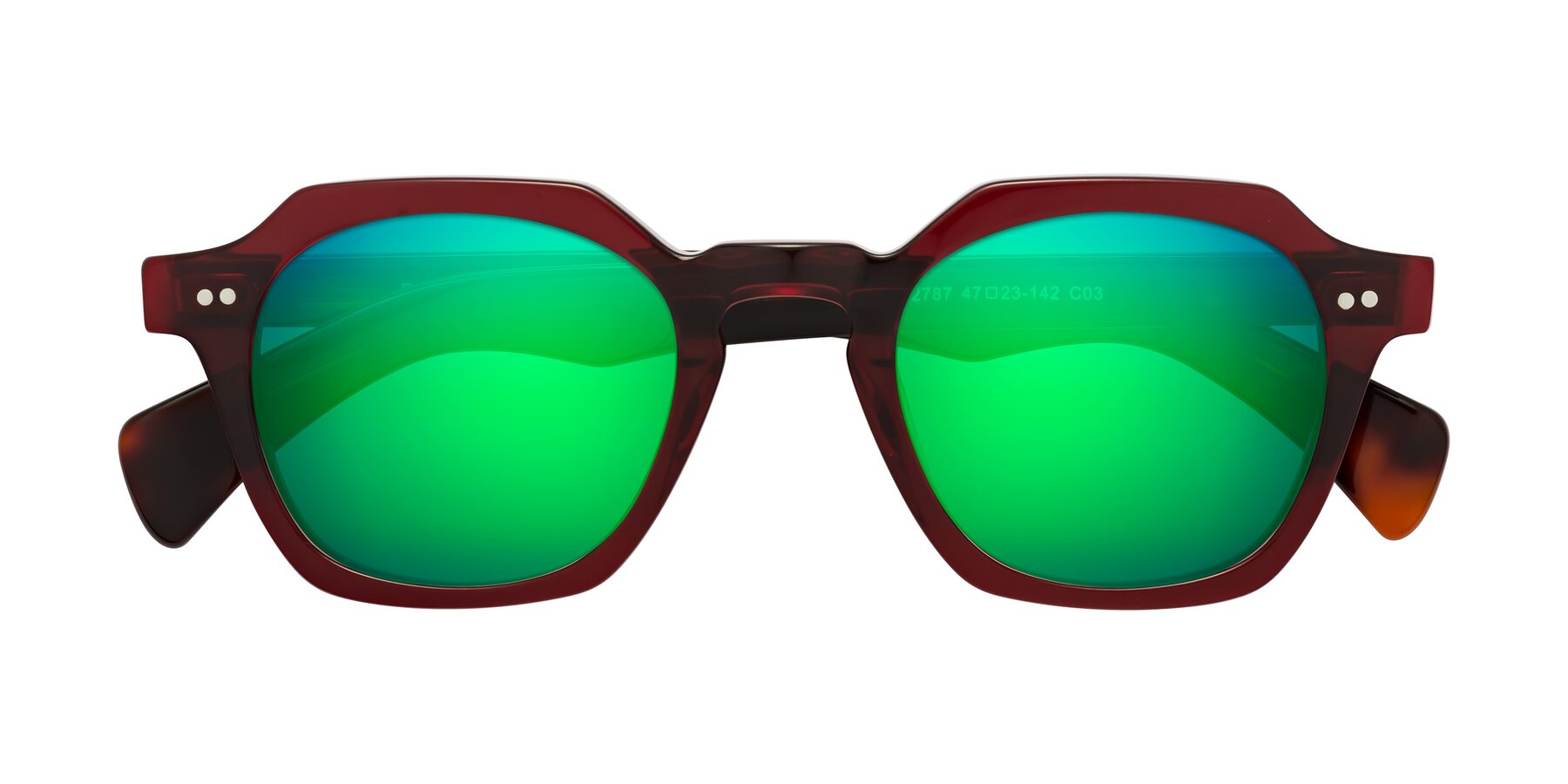 Folded Front of Beckett in Wine/Tortoise with Green Mirrored Lenses