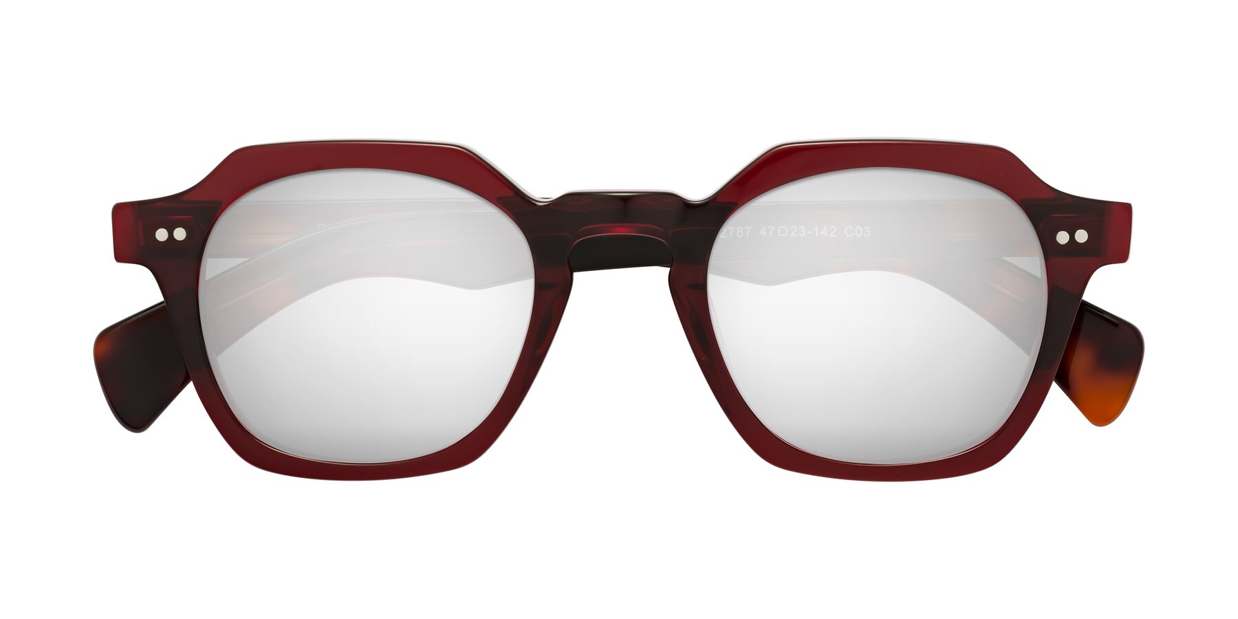 Folded Front of Beckett in Wine/Tortoise with Silver Mirrored Lenses