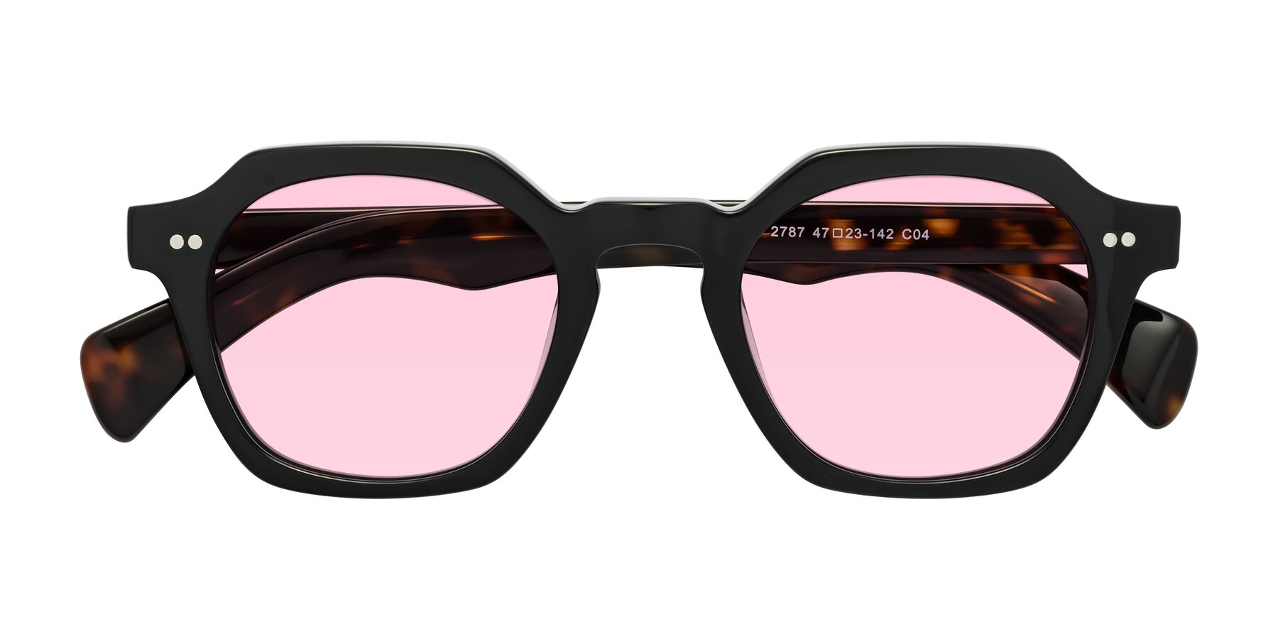 Folded Front of Beckett in Black/Tortoise with Light Pink Tinted Lenses