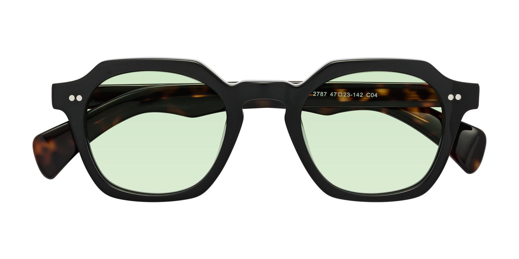 Folded Front of Beckett in Black/Tortoise with Light Green Tinted Lenses