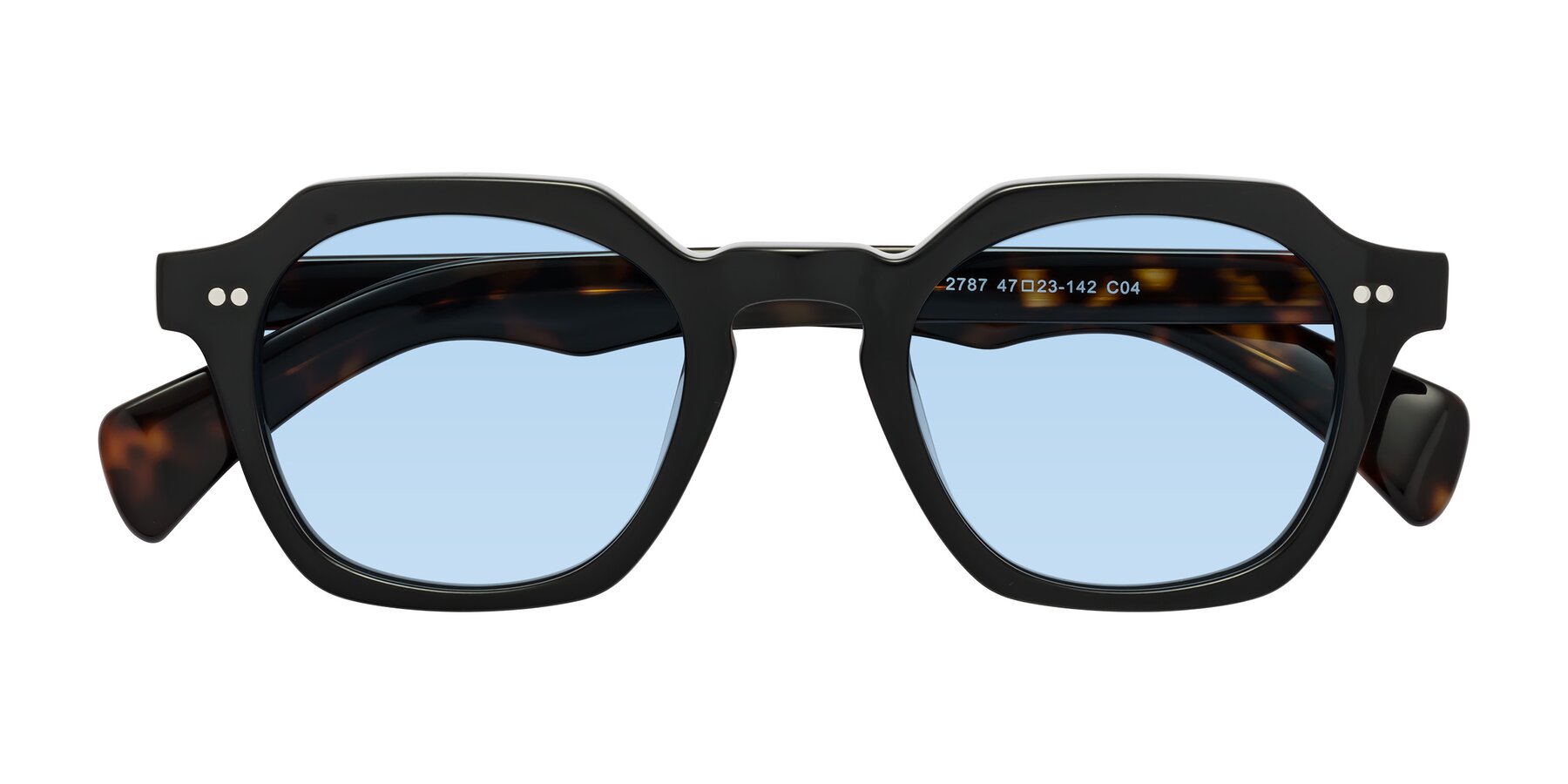 Folded Front of Beckett in Black/Tortoise with Light Blue Tinted Lenses