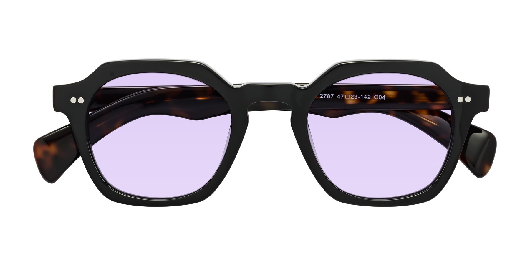 Folded Front of Beckett in Black/Tortoise with Light Purple Tinted Lenses