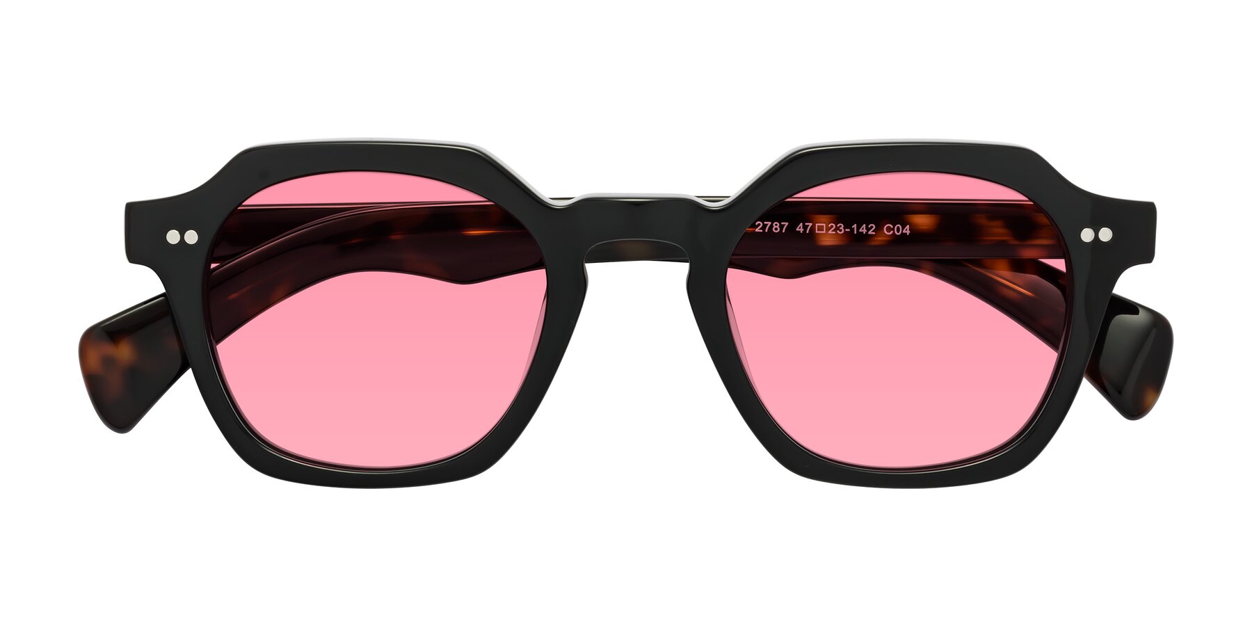 Folded Front of Beckett in Black/Tortoise with Pink Tinted Lenses