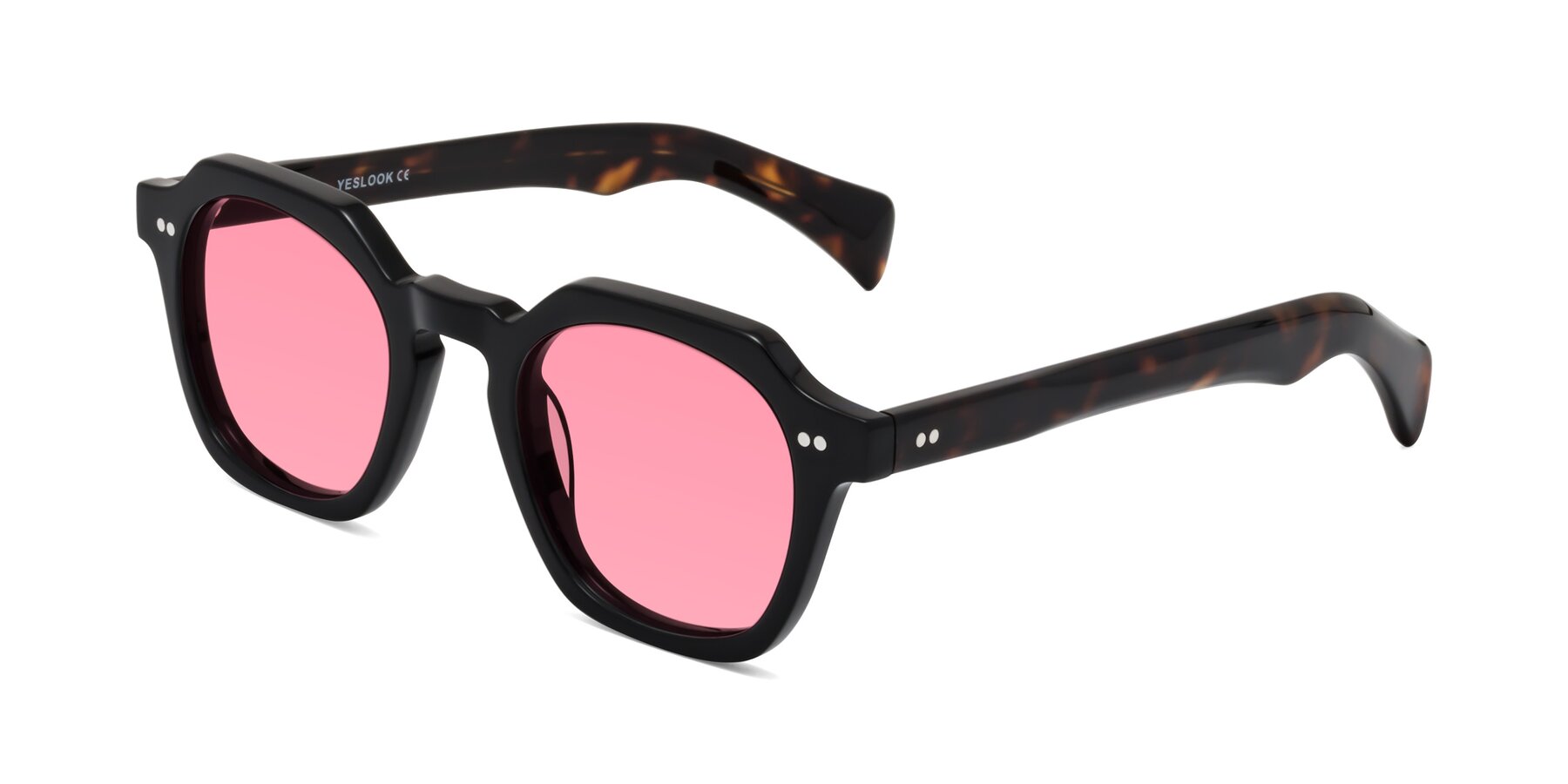 Angle of Beckett in Black/Tortoise with Pink Tinted Lenses