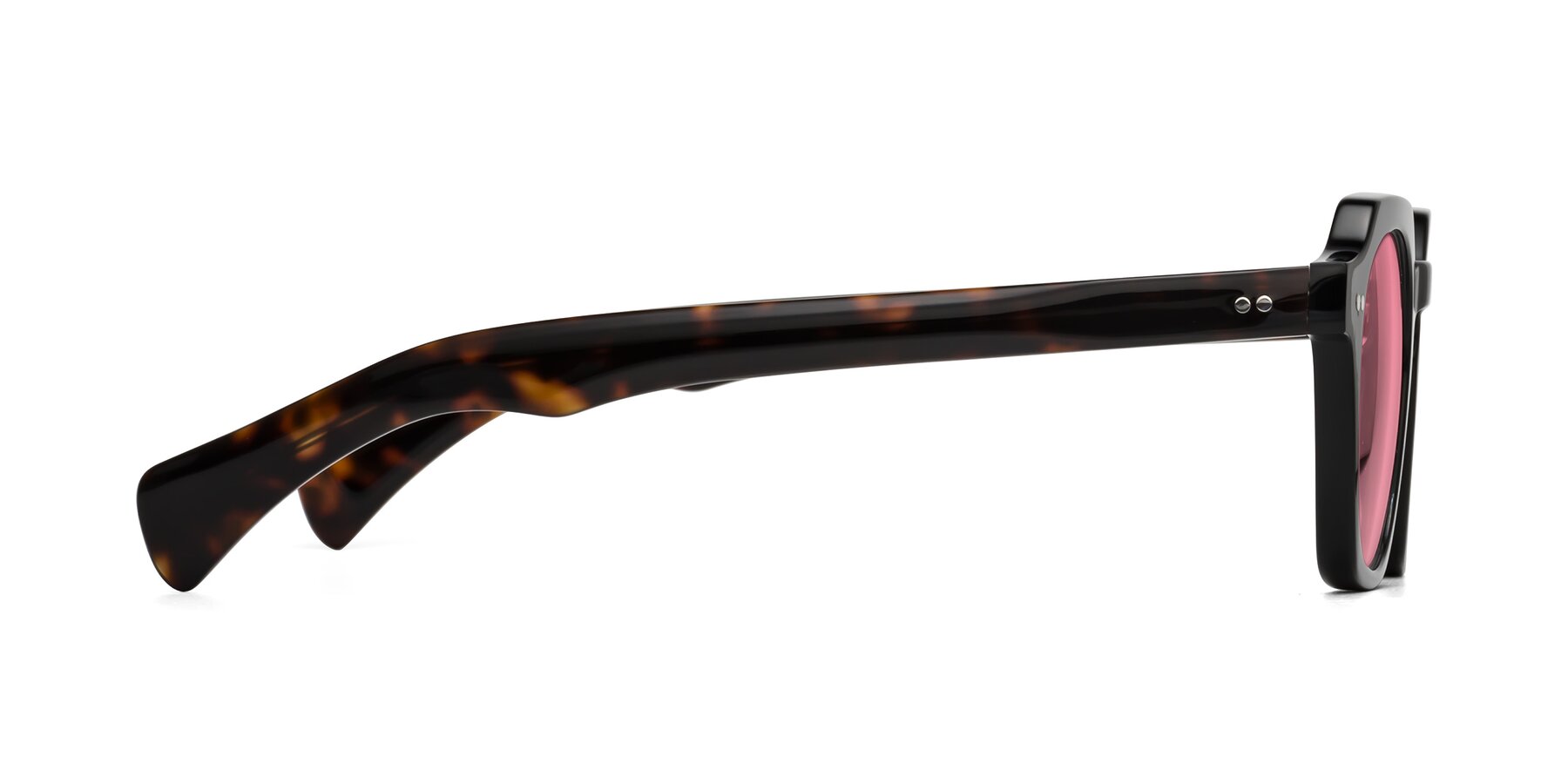 Side of Beckett in Black/Tortoise with Pink Tinted Lenses