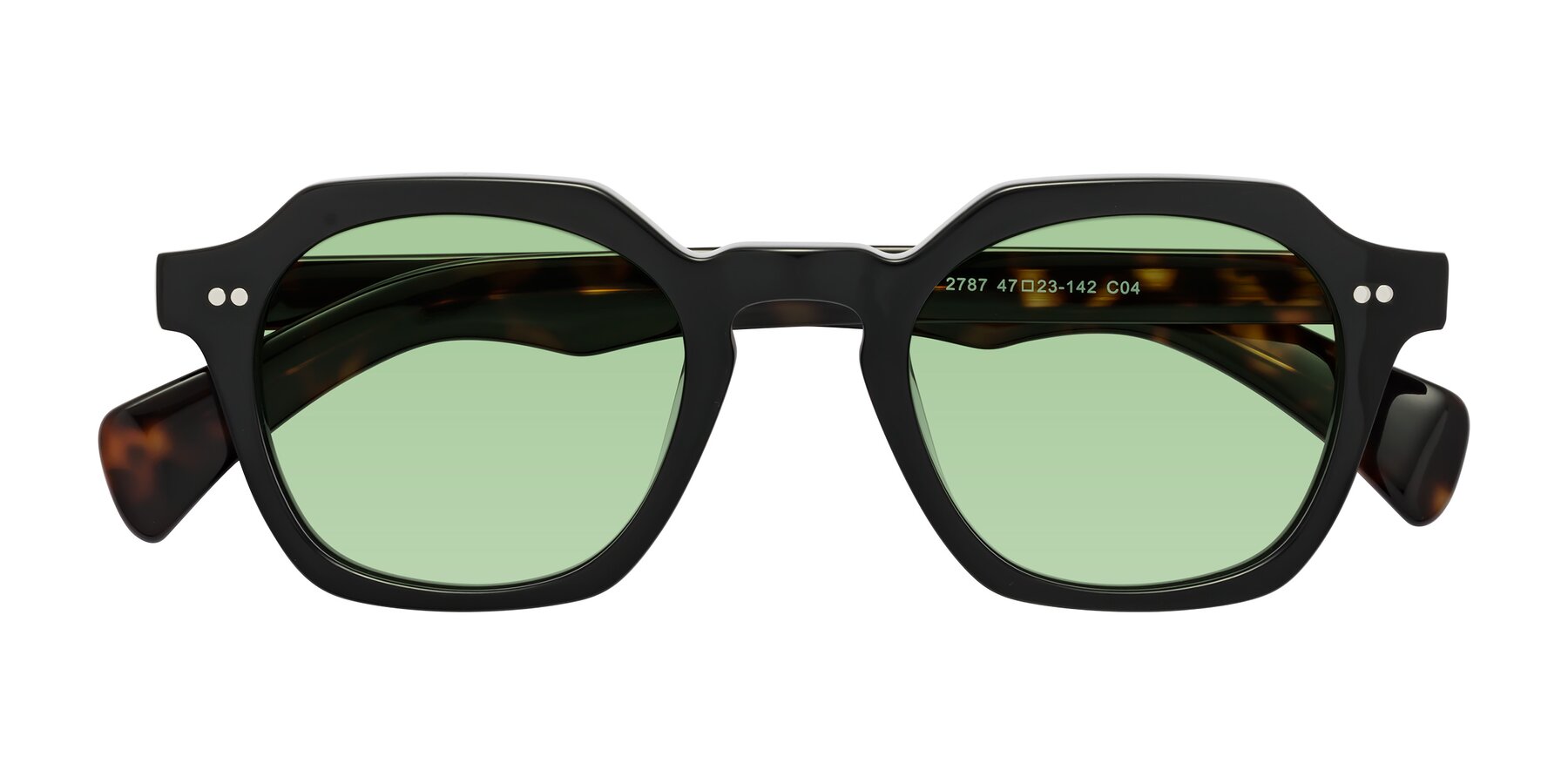 Folded Front of Beckett in Black/Tortoise with Medium Green Tinted Lenses
