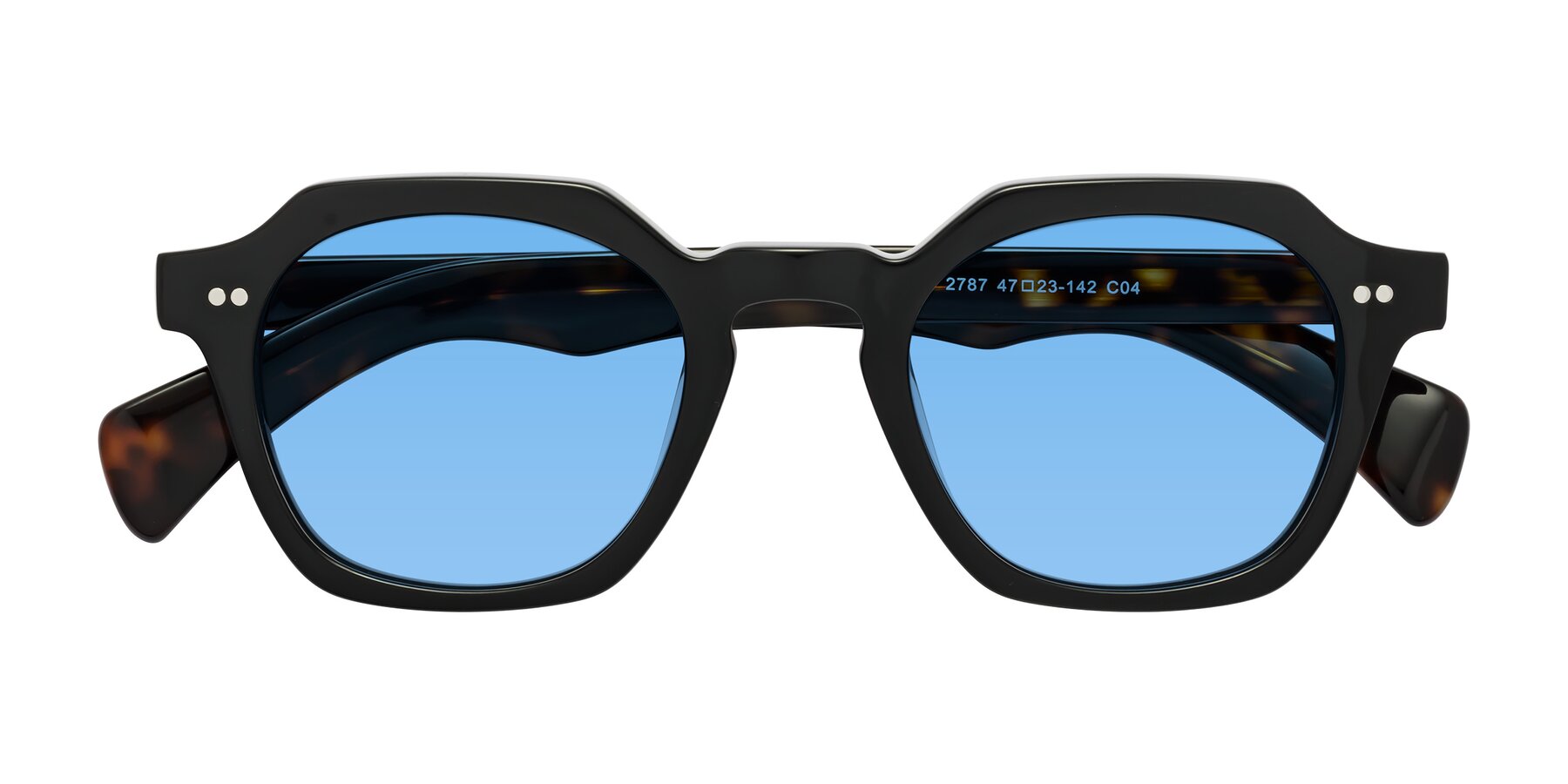 Folded Front of Beckett in Black/Tortoise with Medium Blue Tinted Lenses