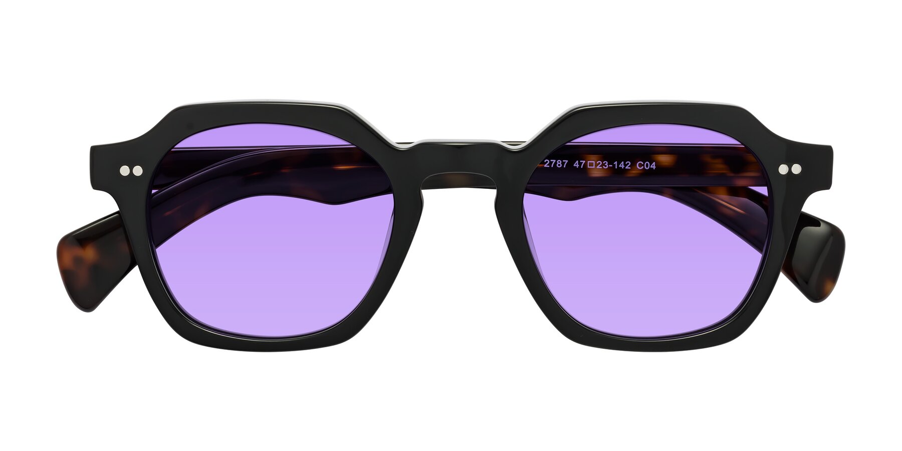 Folded Front of Beckett in Black/Tortoise with Medium Purple Tinted Lenses