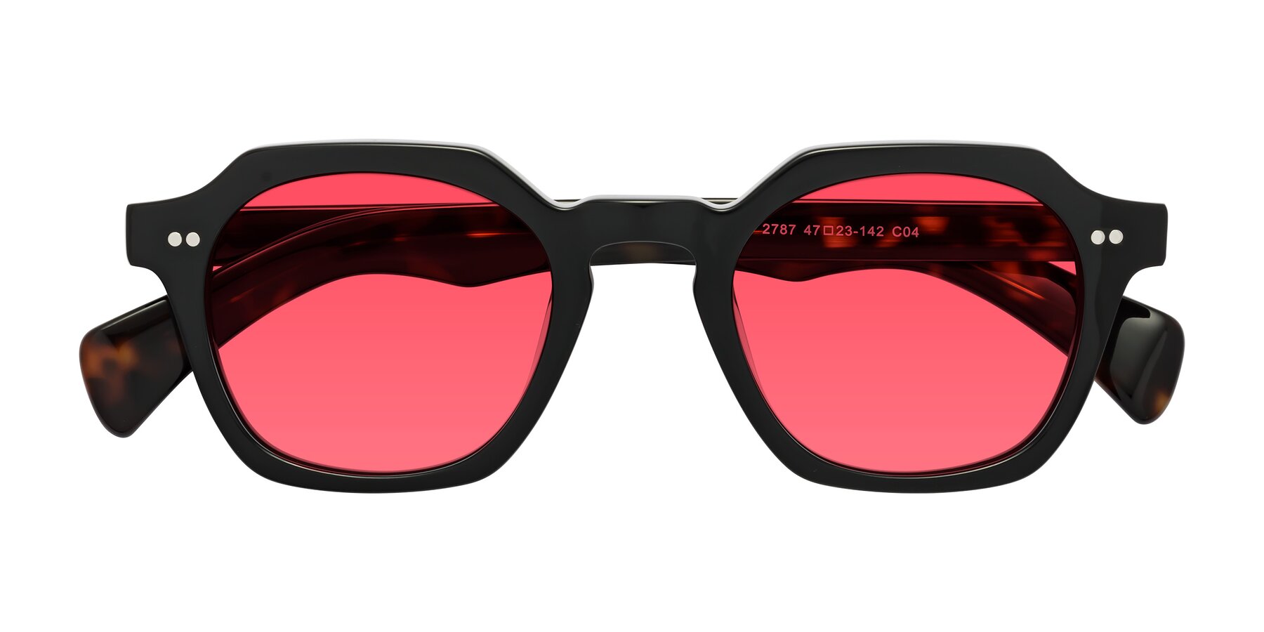 Folded Front of Beckett in Black/Tortoise with Red Tinted Lenses