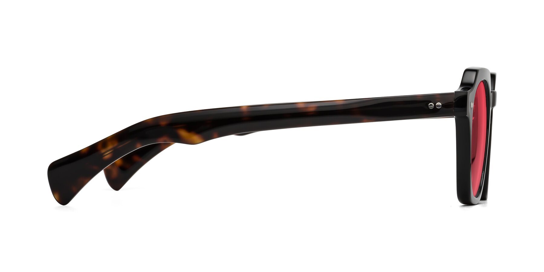 Side of Beckett in Black/Tortoise with Red Tinted Lenses