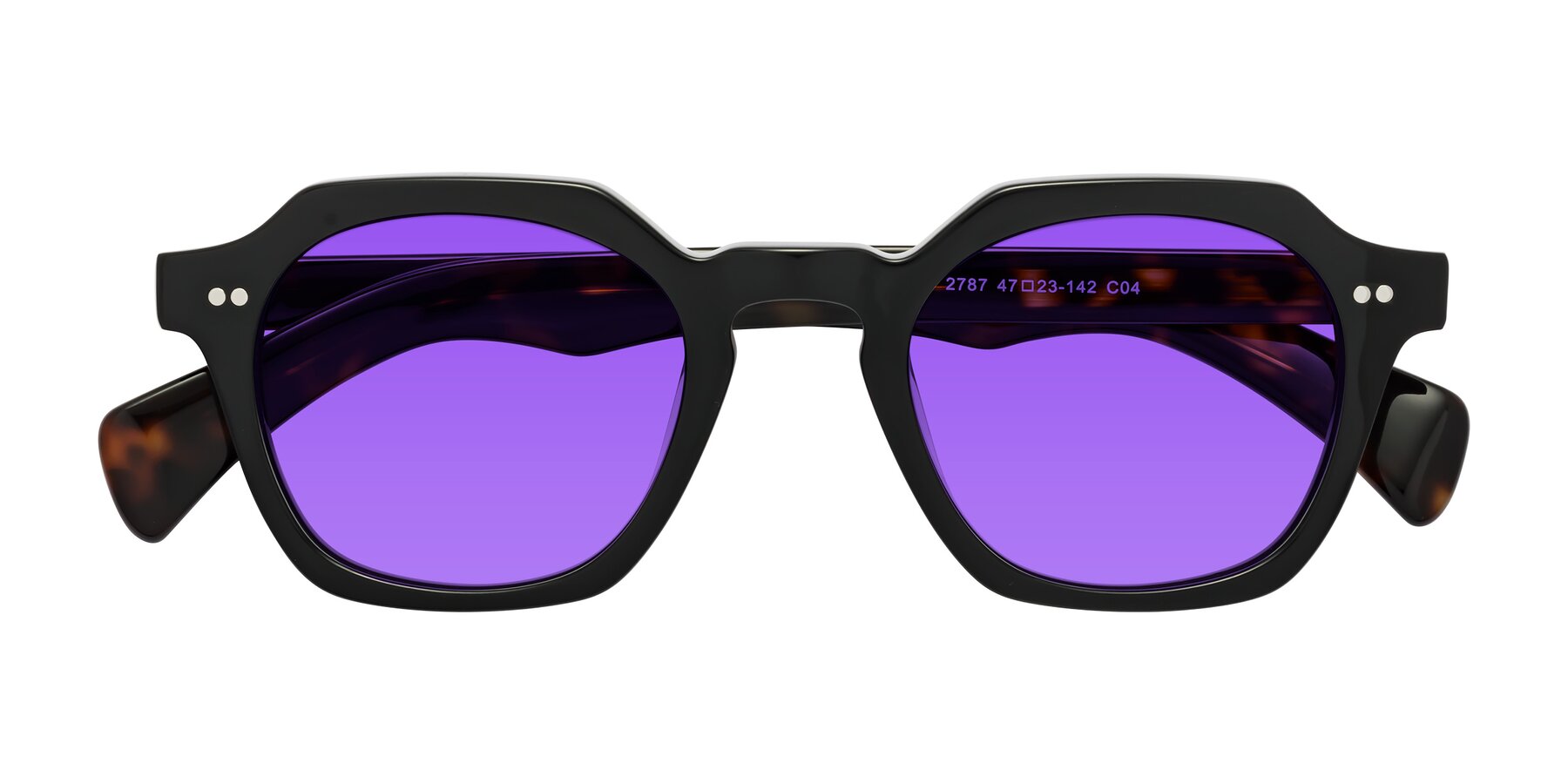 Folded Front of Beckett in Black/Tortoise with Purple Tinted Lenses