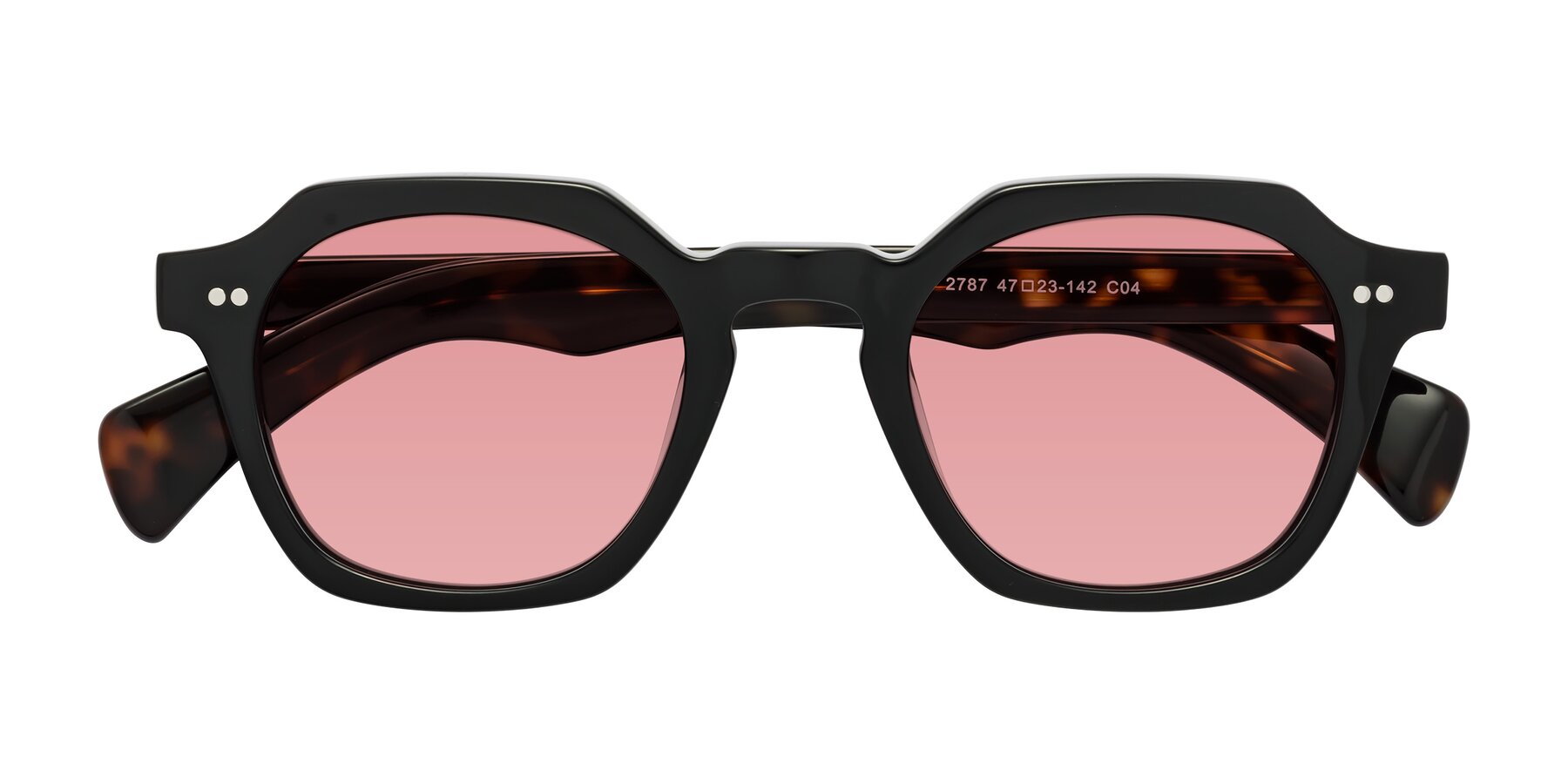 Folded Front of Beckett in Black/Tortoise with Medium Garnet Tinted Lenses