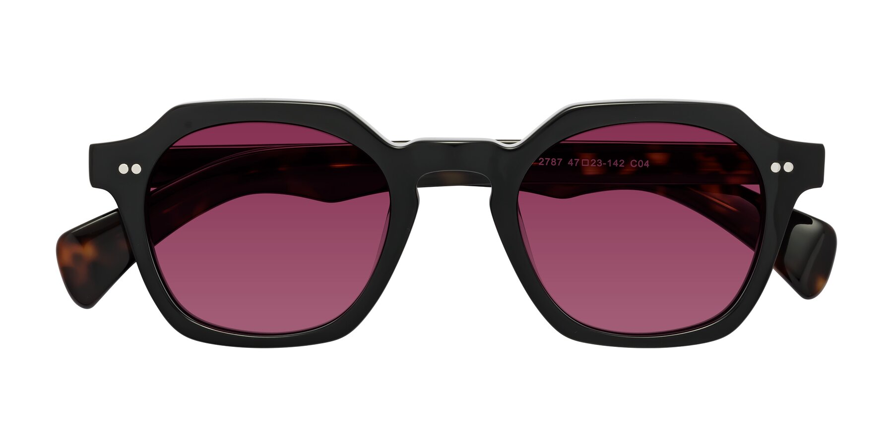 Folded Front of Beckett in Black/Tortoise with Wine Tinted Lenses