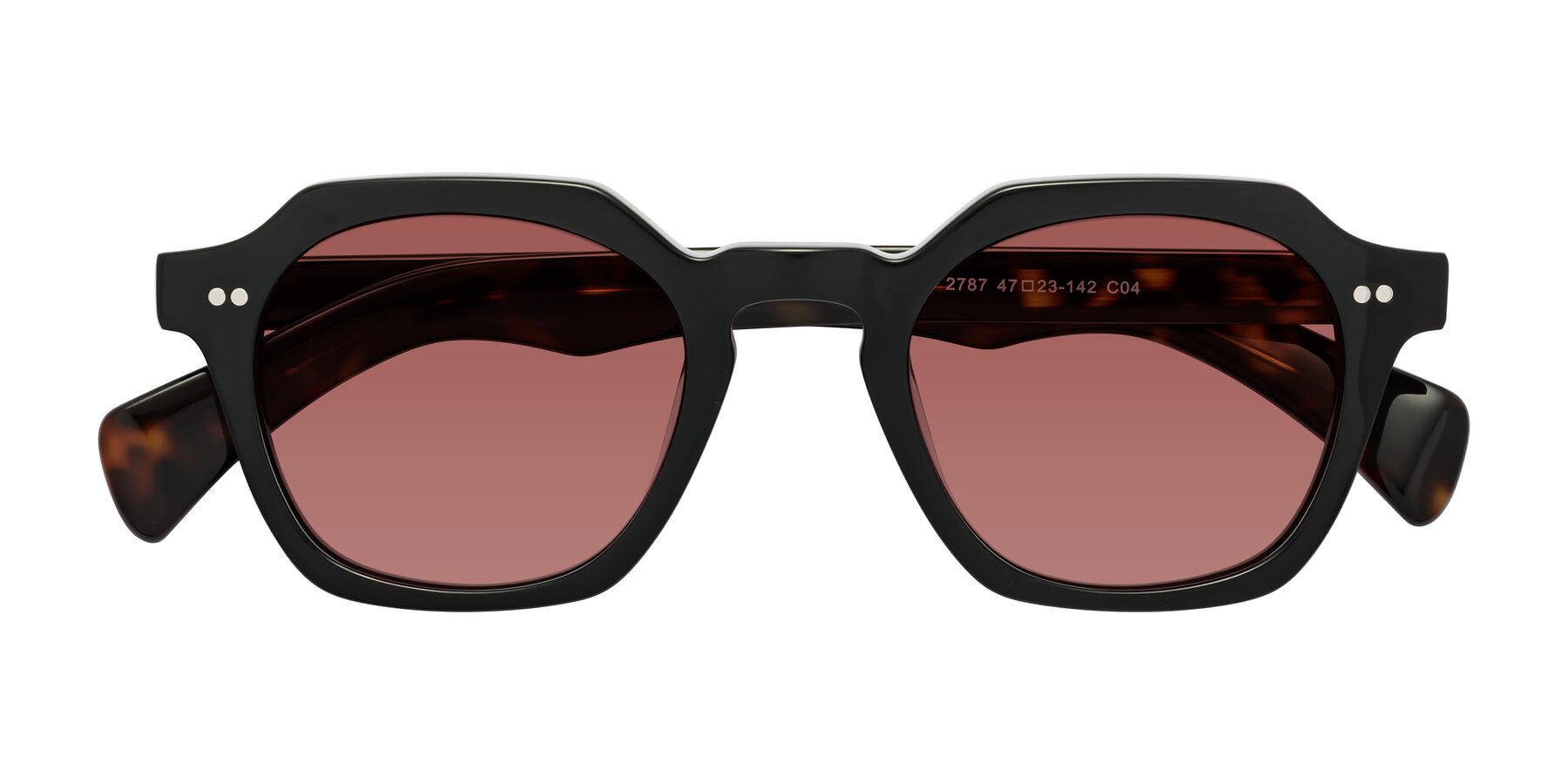 Folded Front of Beckett in Black/Tortoise with Garnet Tinted Lenses