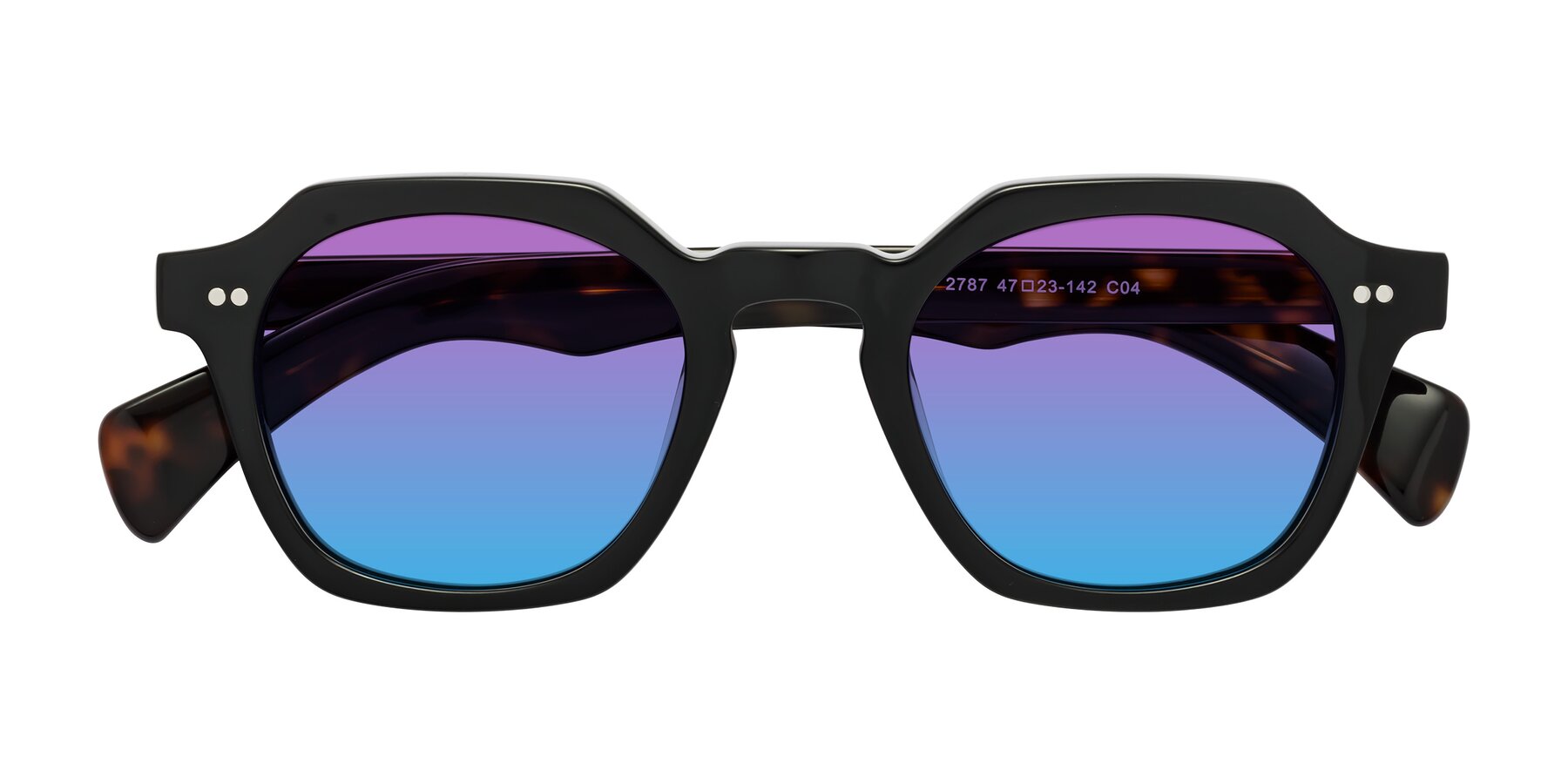Folded Front of Beckett in Black/Tortoise with Purple / Blue Gradient Lenses