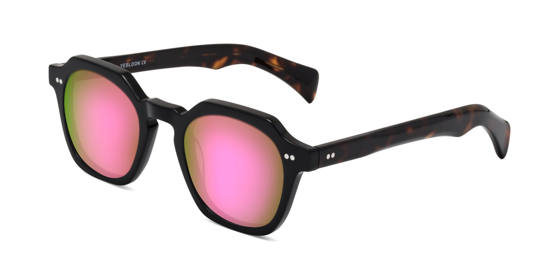 Angle of Beckett in Black/Tortoise with Pink Mirrored Lenses