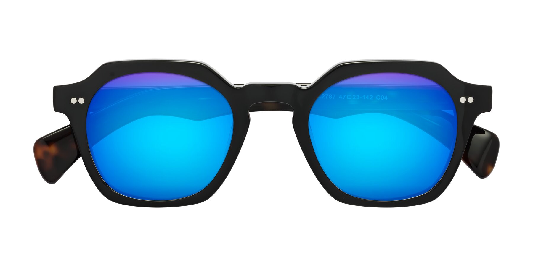 Folded Front of Beckett in Black/Tortoise with Blue Mirrored Lenses