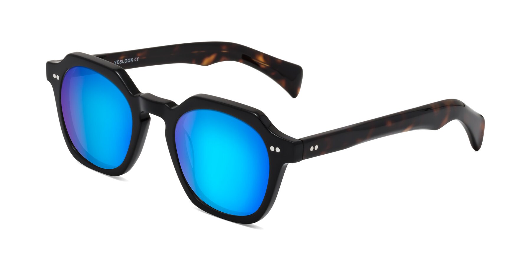 Angle of Beckett in Black/Tortoise with Blue Mirrored Lenses