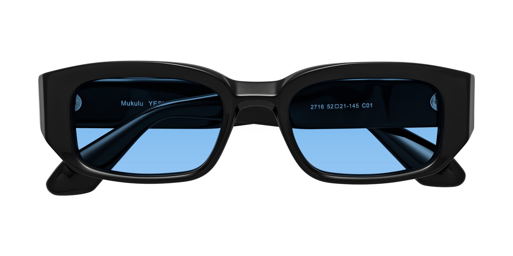 Folded Front of Mukulu in Black with Medium Blue Tinted Lenses