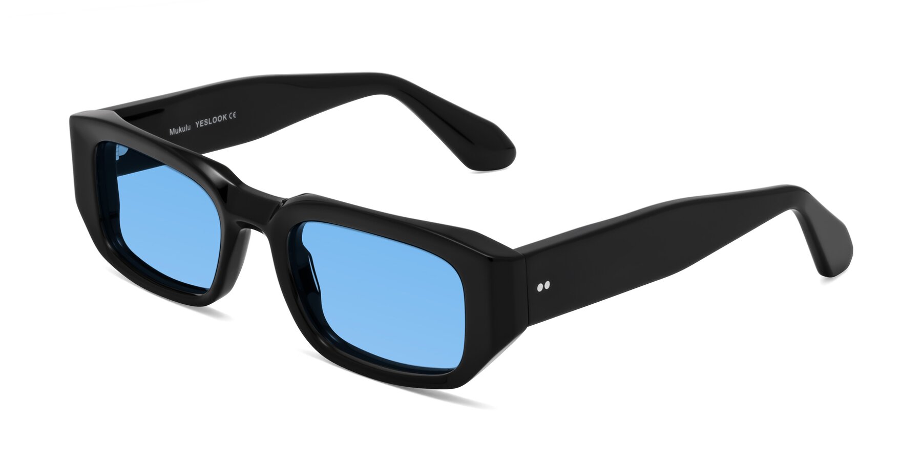 Angle of Mukulu in Black with Medium Blue Tinted Lenses