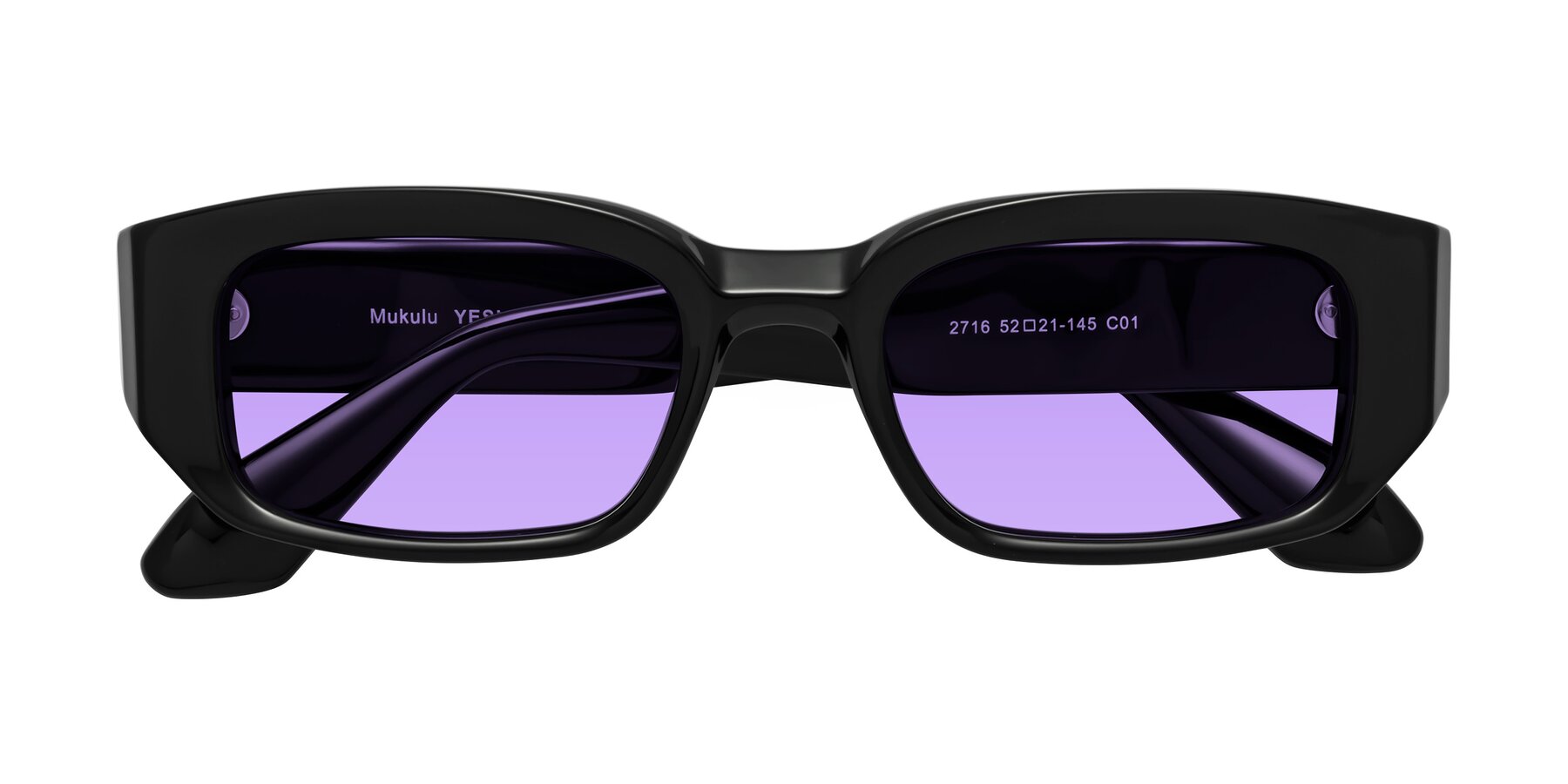Folded Front of Mukulu in Black with Medium Purple Tinted Lenses