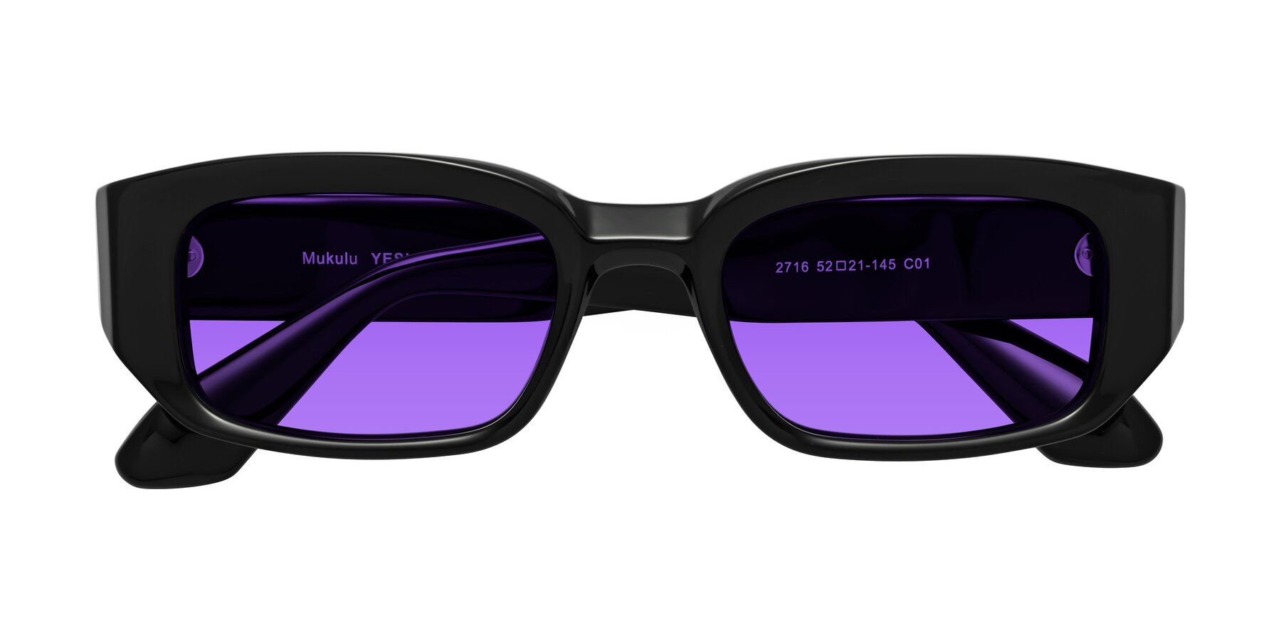 Folded Front of Mukulu in Black with Purple Tinted Lenses