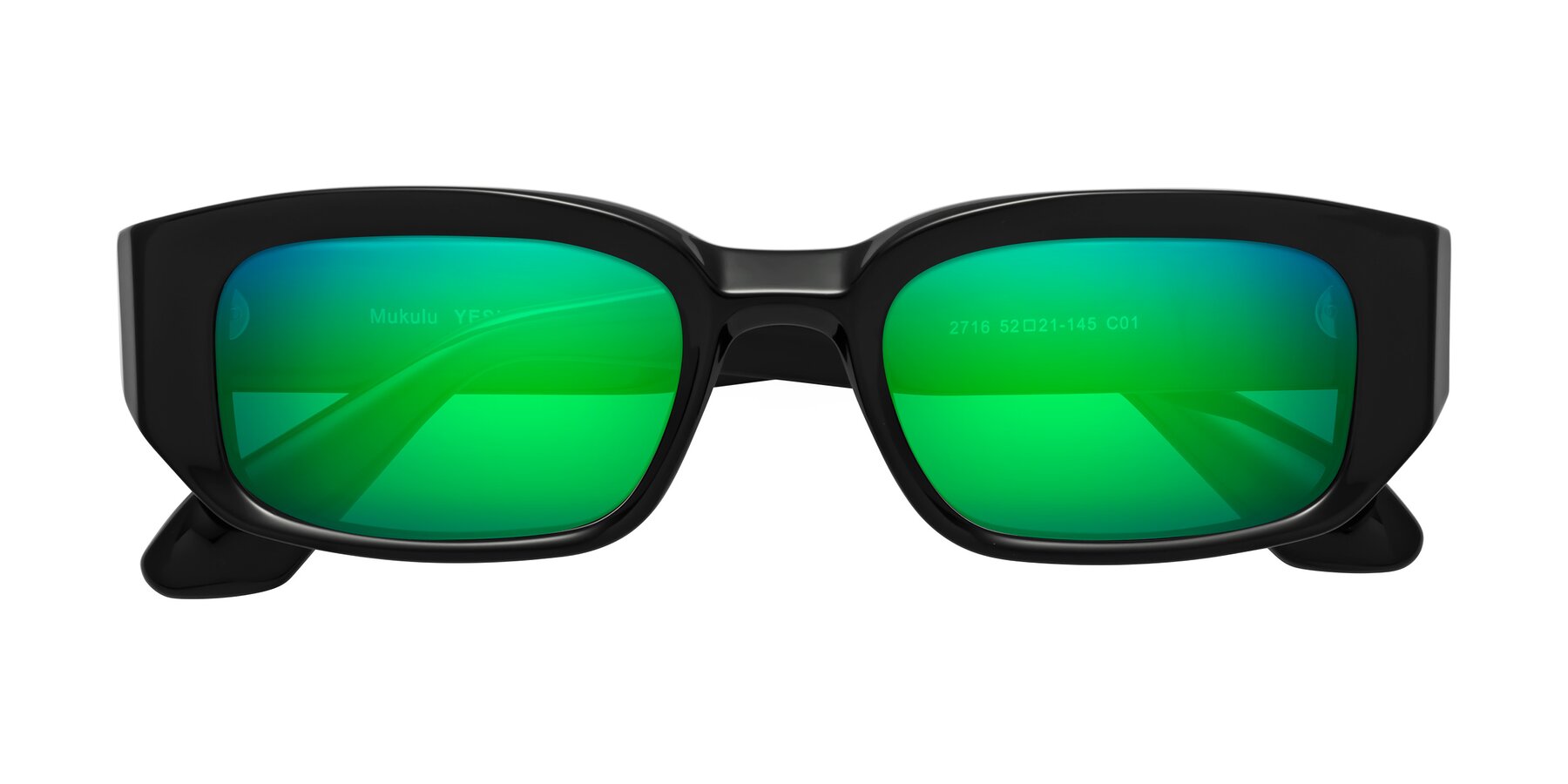 Folded Front of Mukulu in Black with Green Mirrored Lenses