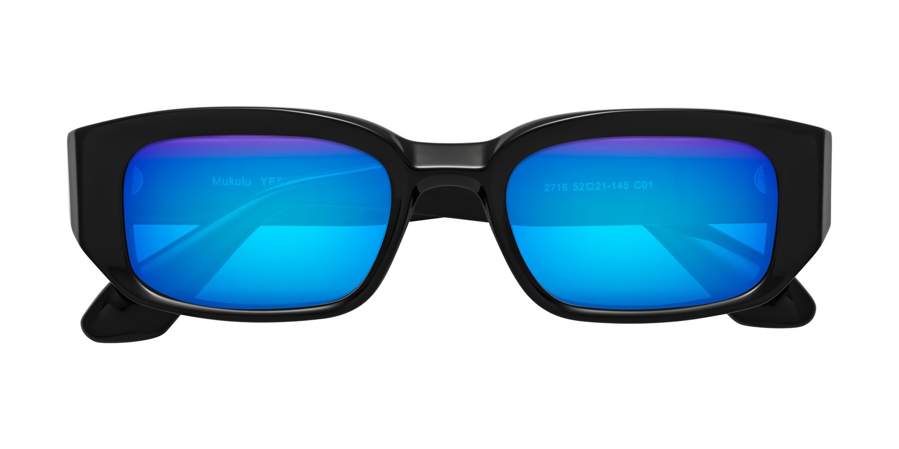Folded Front of Mukulu in Black with Blue Mirrored Lenses