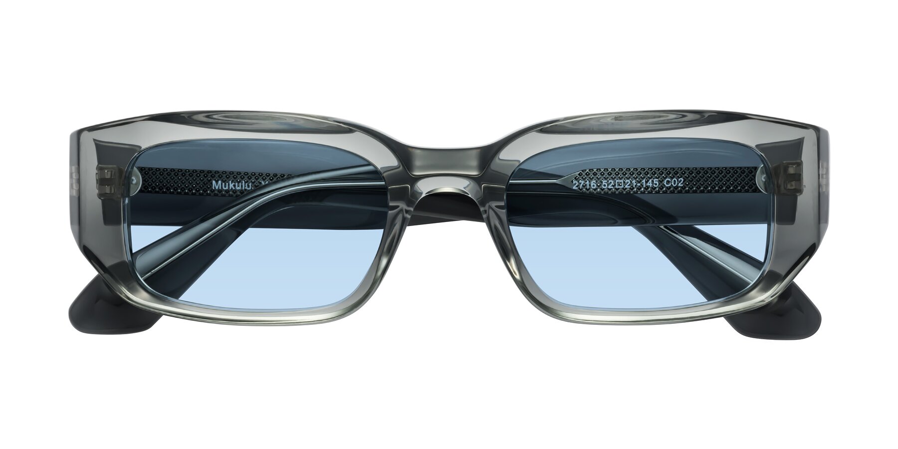 Folded Front of Mukulu in Transparent Gray with Light Blue Tinted Lenses