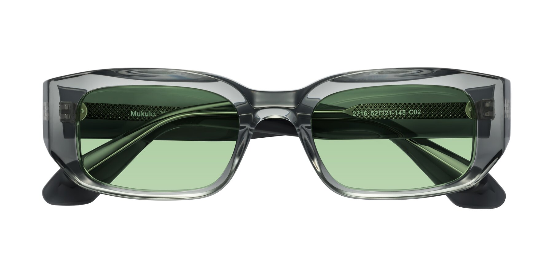 Folded Front of Mukulu in Transparent Gray with Medium Green Tinted Lenses