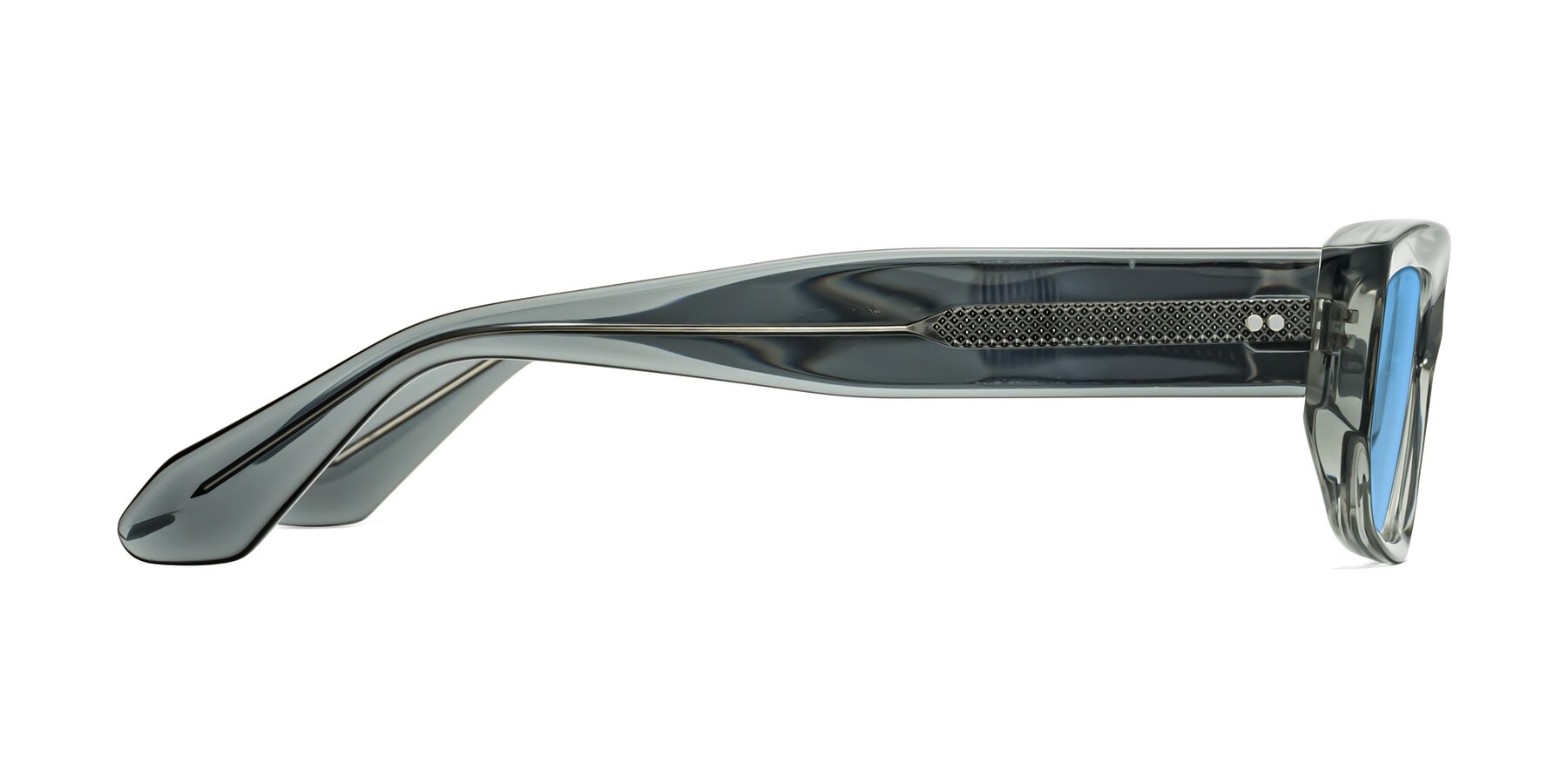 Side of Mukulu in Transparent Gray with Medium Blue Tinted Lenses