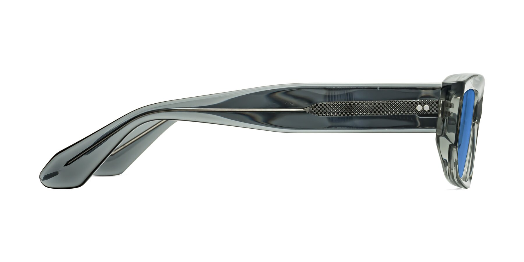 Side of Mukulu in Transparent Gray with Blue Tinted Lenses