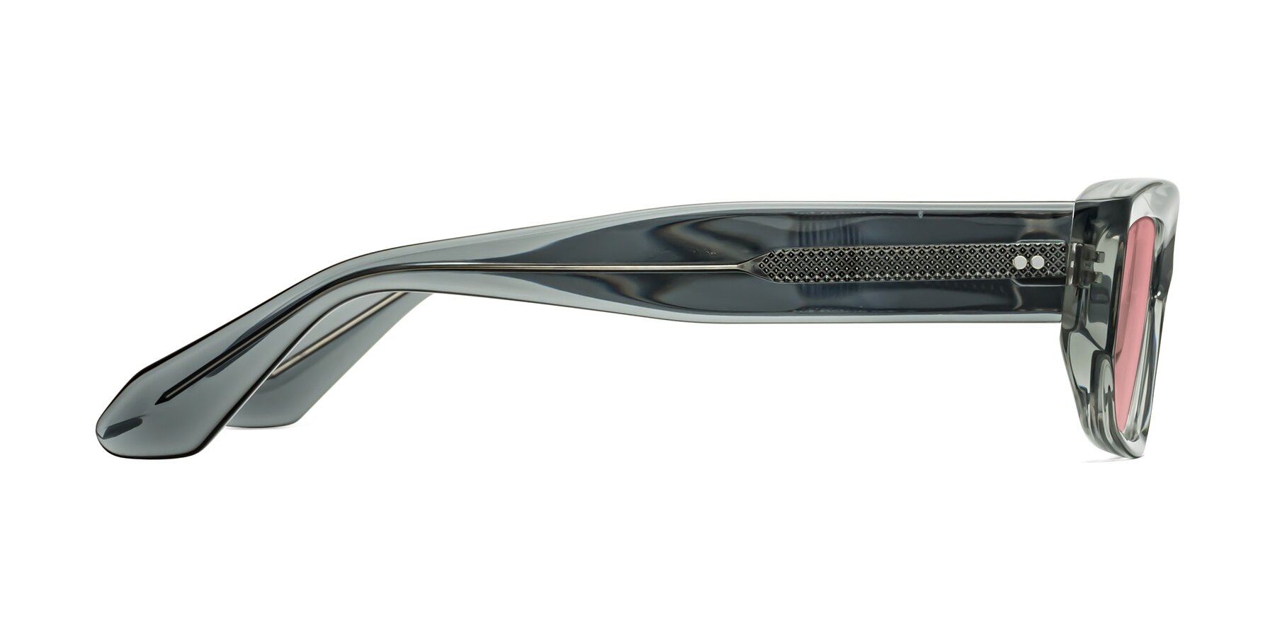 Side of Mukulu in Transparent Gray with Medium Garnet Tinted Lenses
