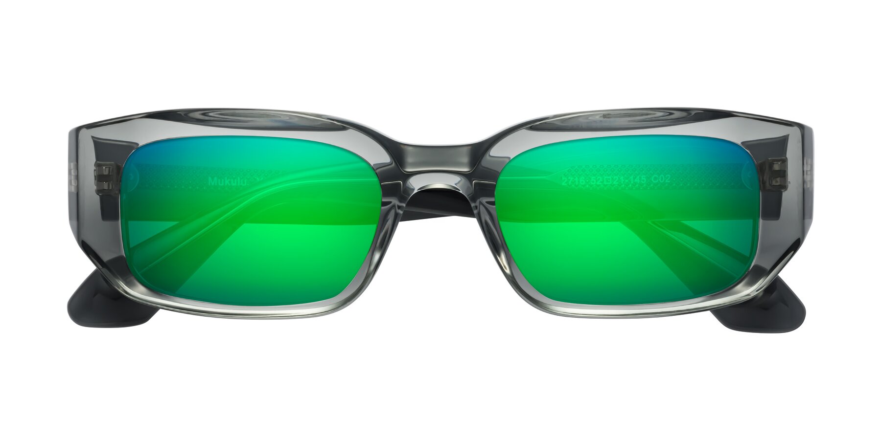 Folded Front of Mukulu in Transparent Gray with Green Mirrored Lenses