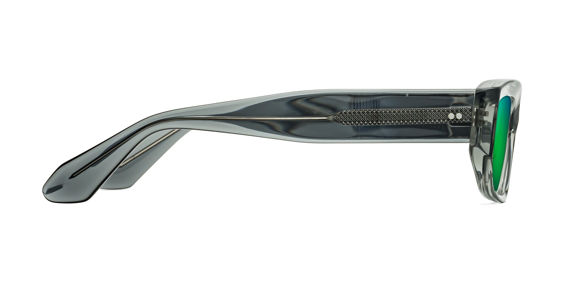 Side of Mukulu in Transparent Gray with Green Mirrored Lenses