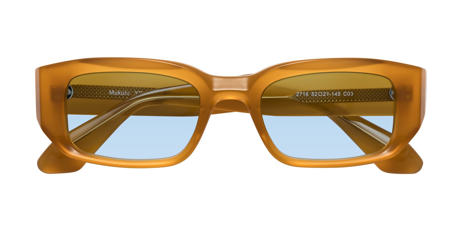 Folded Front of Mukulu in Honey with Light Blue Tinted Lenses