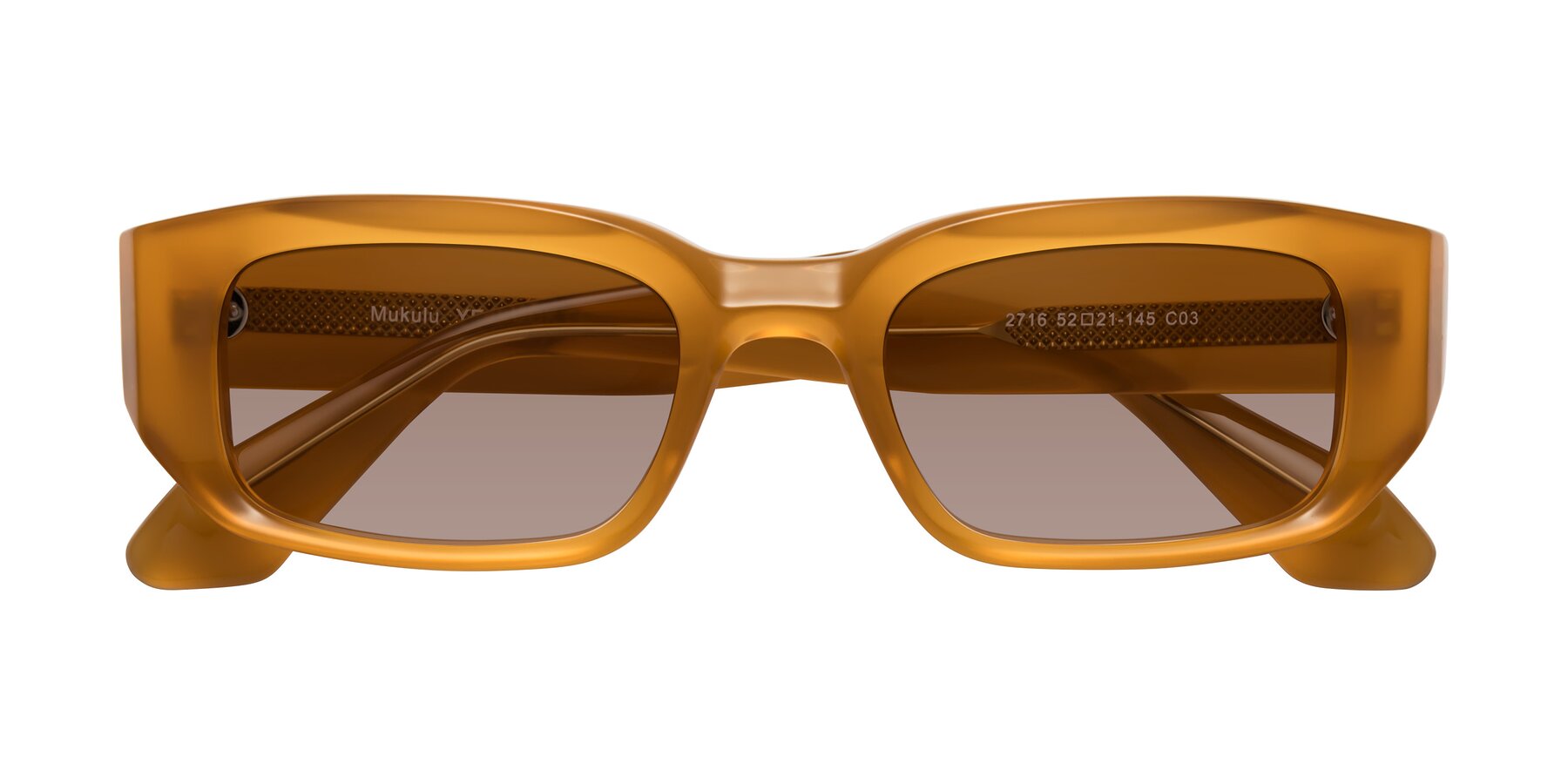 Folded Front of Mukulu in Honey with Medium Brown Tinted Lenses