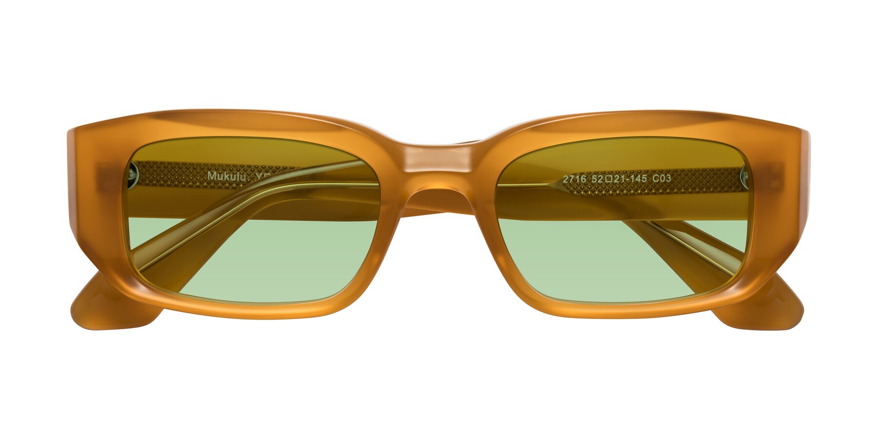 Folded Front of Mukulu in Honey with Medium Green Tinted Lenses