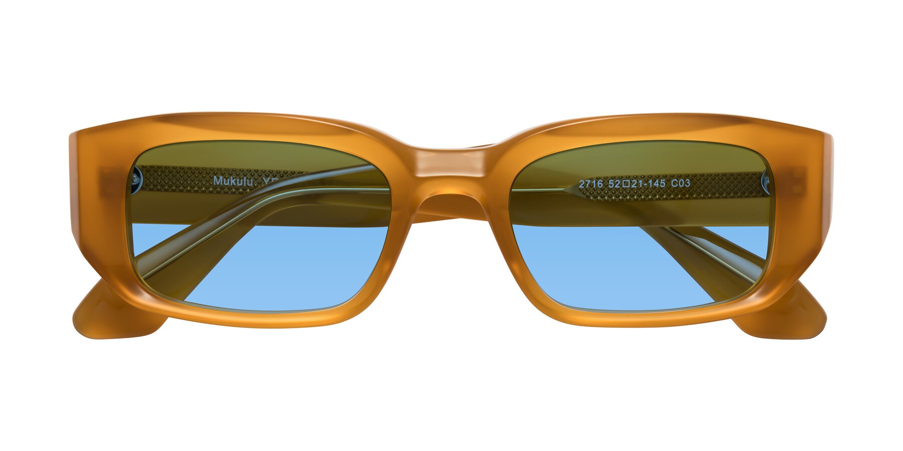 Folded Front of Mukulu in Honey with Medium Blue Tinted Lenses