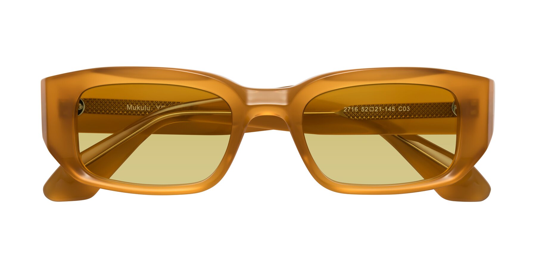 Folded Front of Mukulu in Honey with Medium Champagne Tinted Lenses