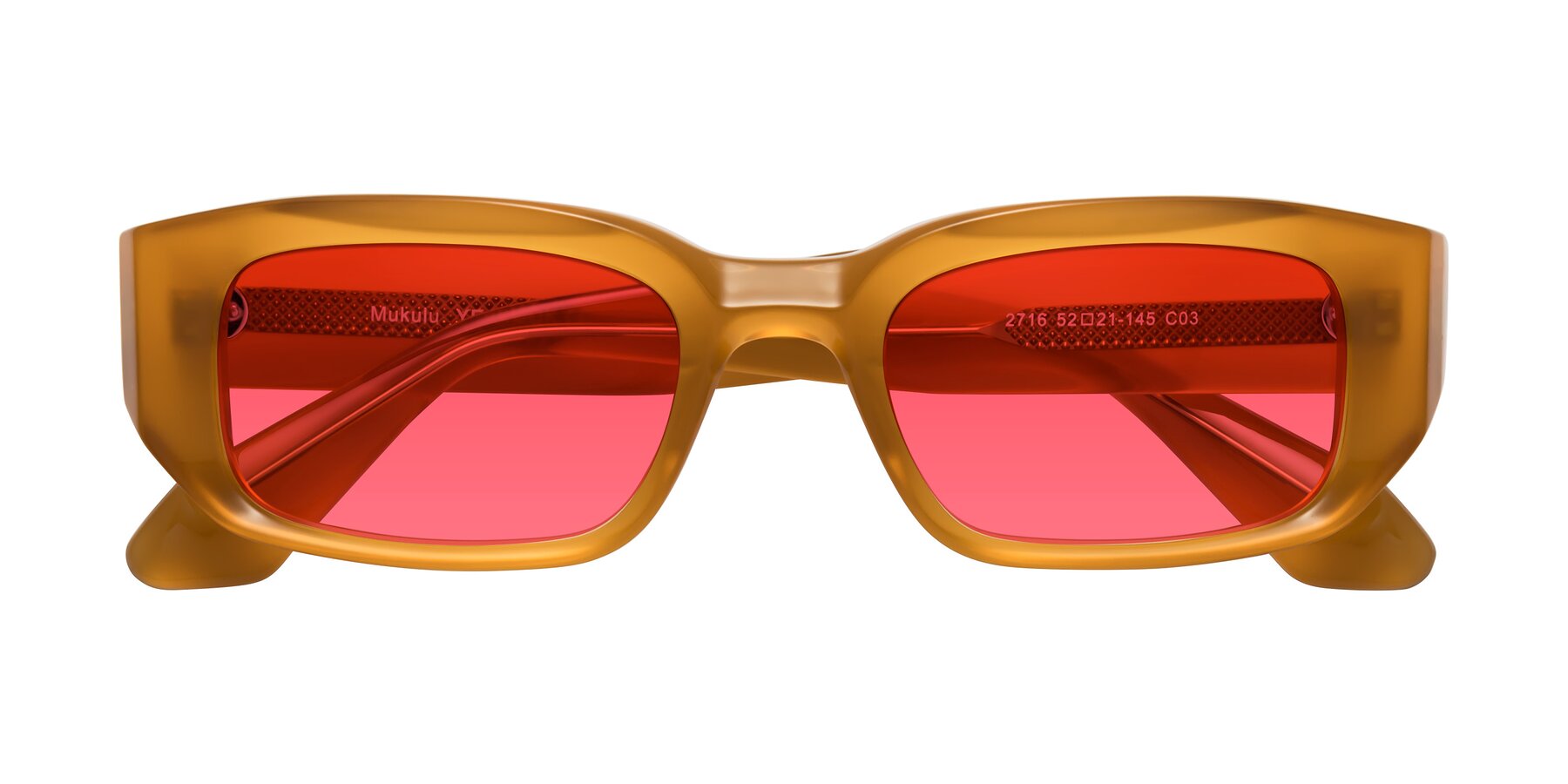 Folded Front of Mukulu in Honey with Red Tinted Lenses