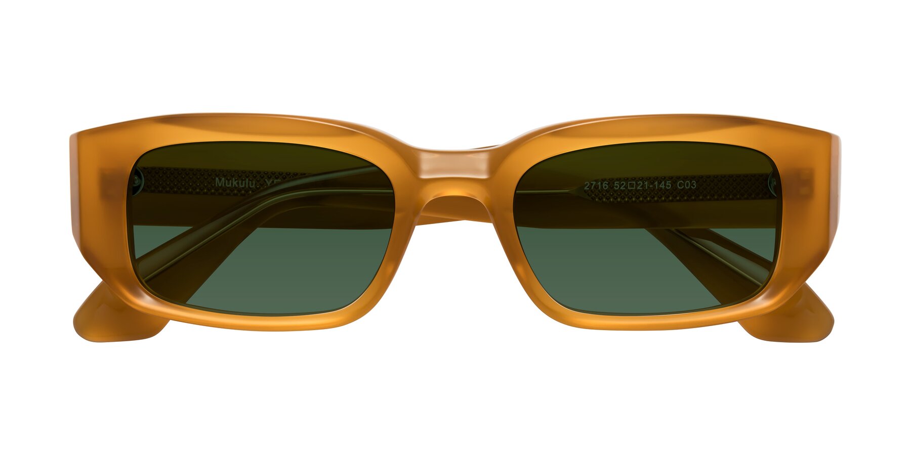 Folded Front of Mukulu in Honey with Green Tinted Lenses