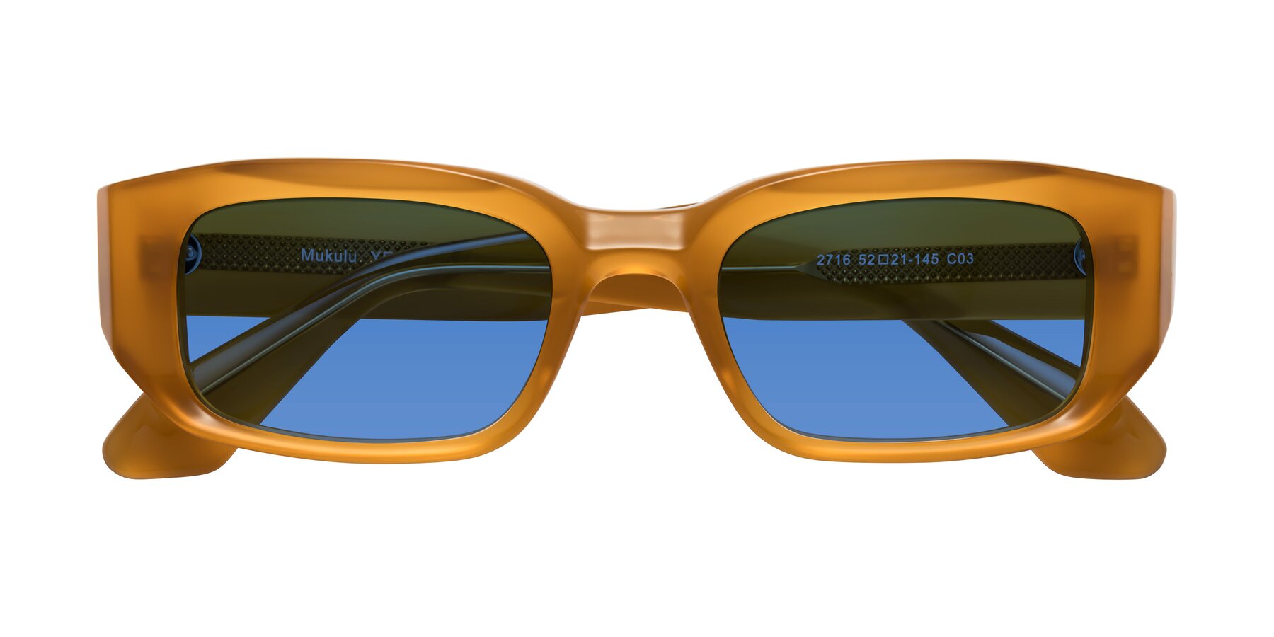 Folded Front of Mukulu in Honey with Blue Tinted Lenses