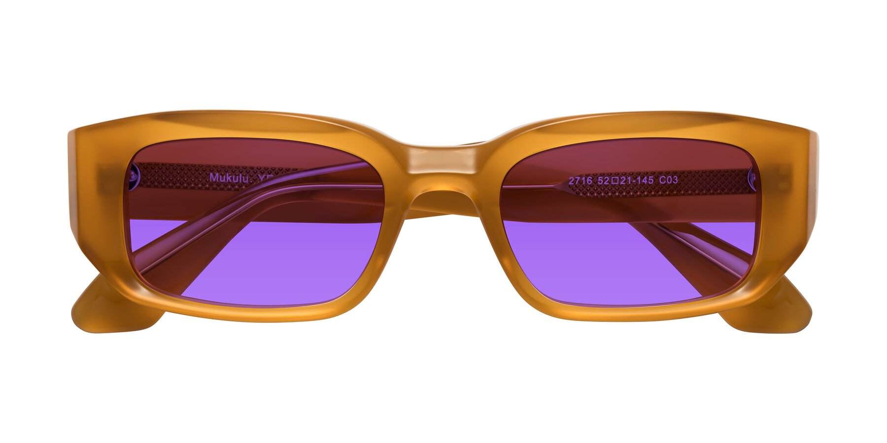 Folded Front of Mukulu in Honey with Purple Tinted Lenses