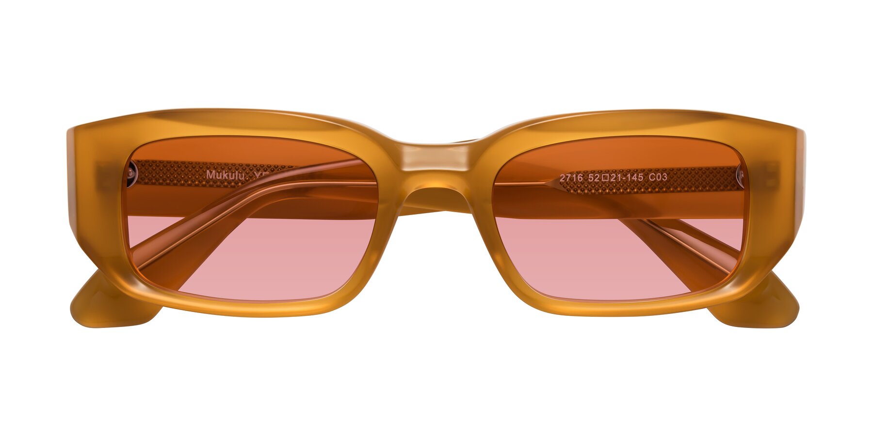 Folded Front of Mukulu in Honey with Medium Garnet Tinted Lenses