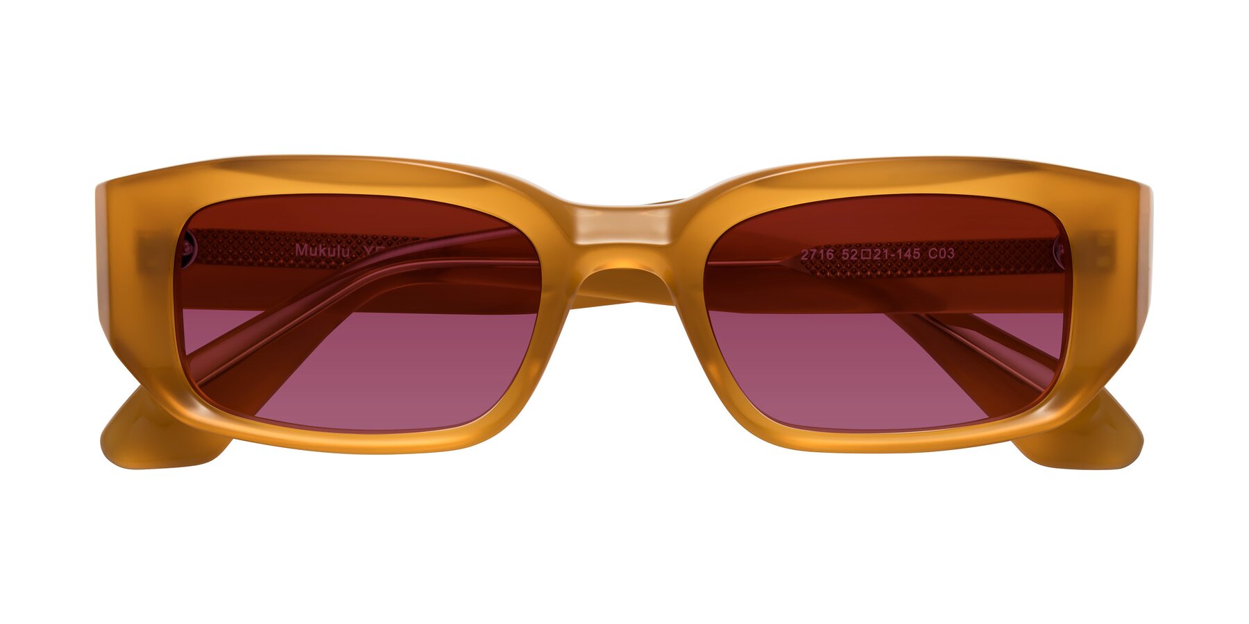 Folded Front of Mukulu in Honey with Wine Tinted Lenses