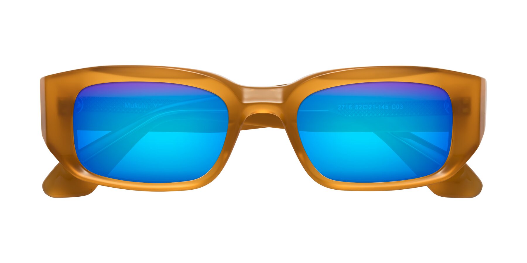 Folded Front of Mukulu in Honey with Blue Mirrored Lenses